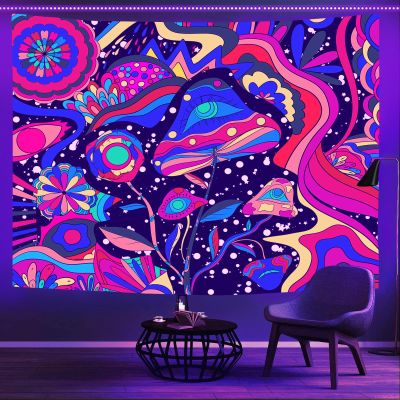 Yieldeer Blacklight Mushroom Tapestry Wall Hanging Blacklight Hippie Backdrop Fantasy Wall Decor Bedroom Living Room Dorm, 37.4x28.7 inch