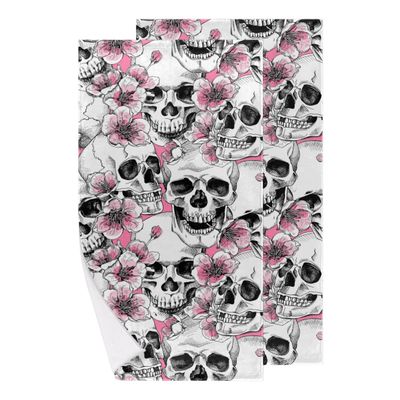 bisibuy Skull Flower Pink Cute Hand Towels for Bathroom 28.3 x 14.4 Decorative Kitchen Hand Towel Soft Absorbent Bathroom Towels Set of 2 Kitchen Drying Towels Home Farmhouse Decor Gifts