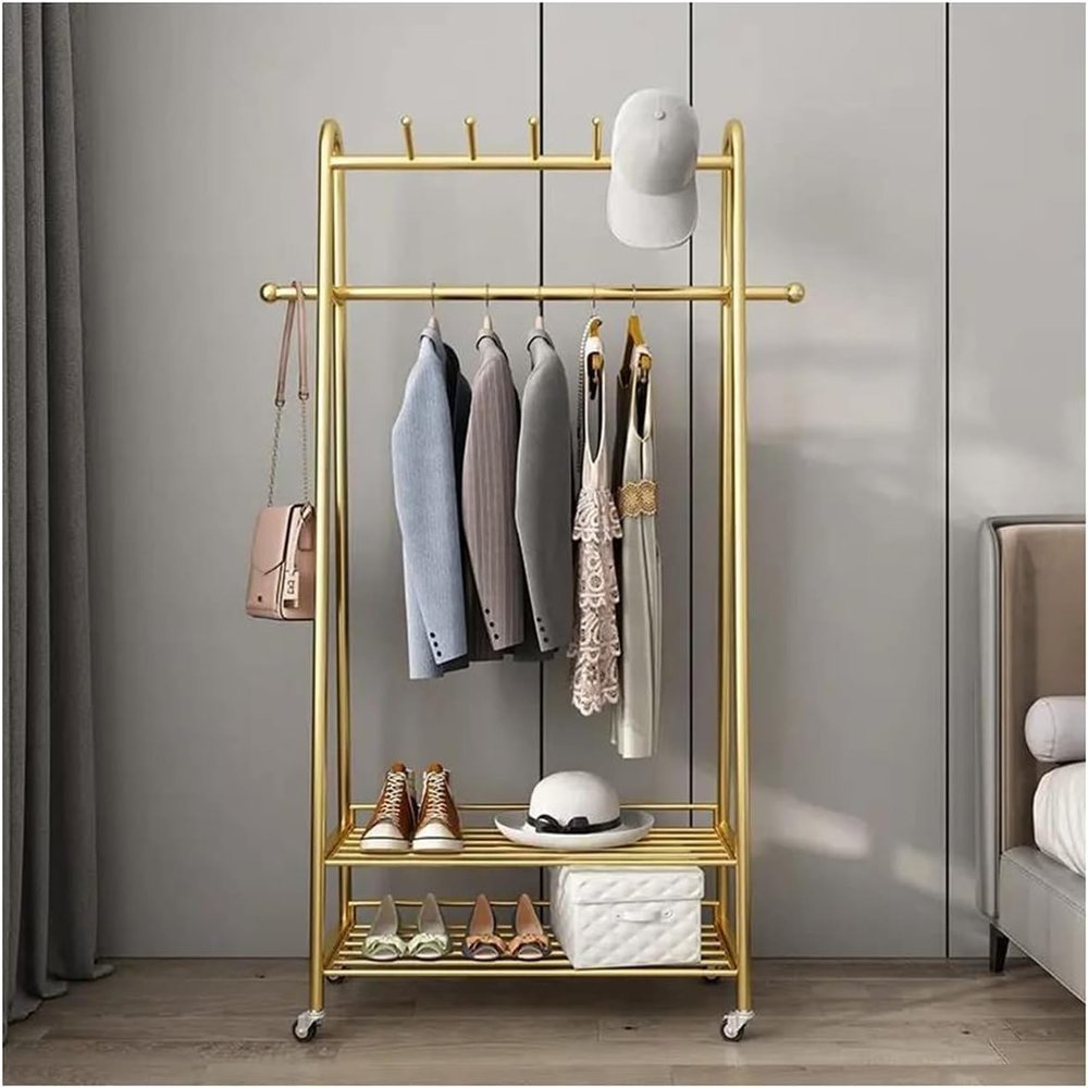 Exquisite Clothes Rail Rack Freestanding Coat Rack Clothes Rack Gold Rolling Garment Rack with Wheels and Bottom Shelves Wardrobe Closet for Boutique Display/60cm