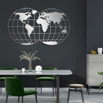 Metal World Map Wall Decor, World Map Globe Metal Wall Art, Metal Map Wall Art, Geometric World Map Wall Decor, Map of The World for Wall, Home Office Bedroom Living Room Decoration (48"x29" | 121x73cm, Silver)