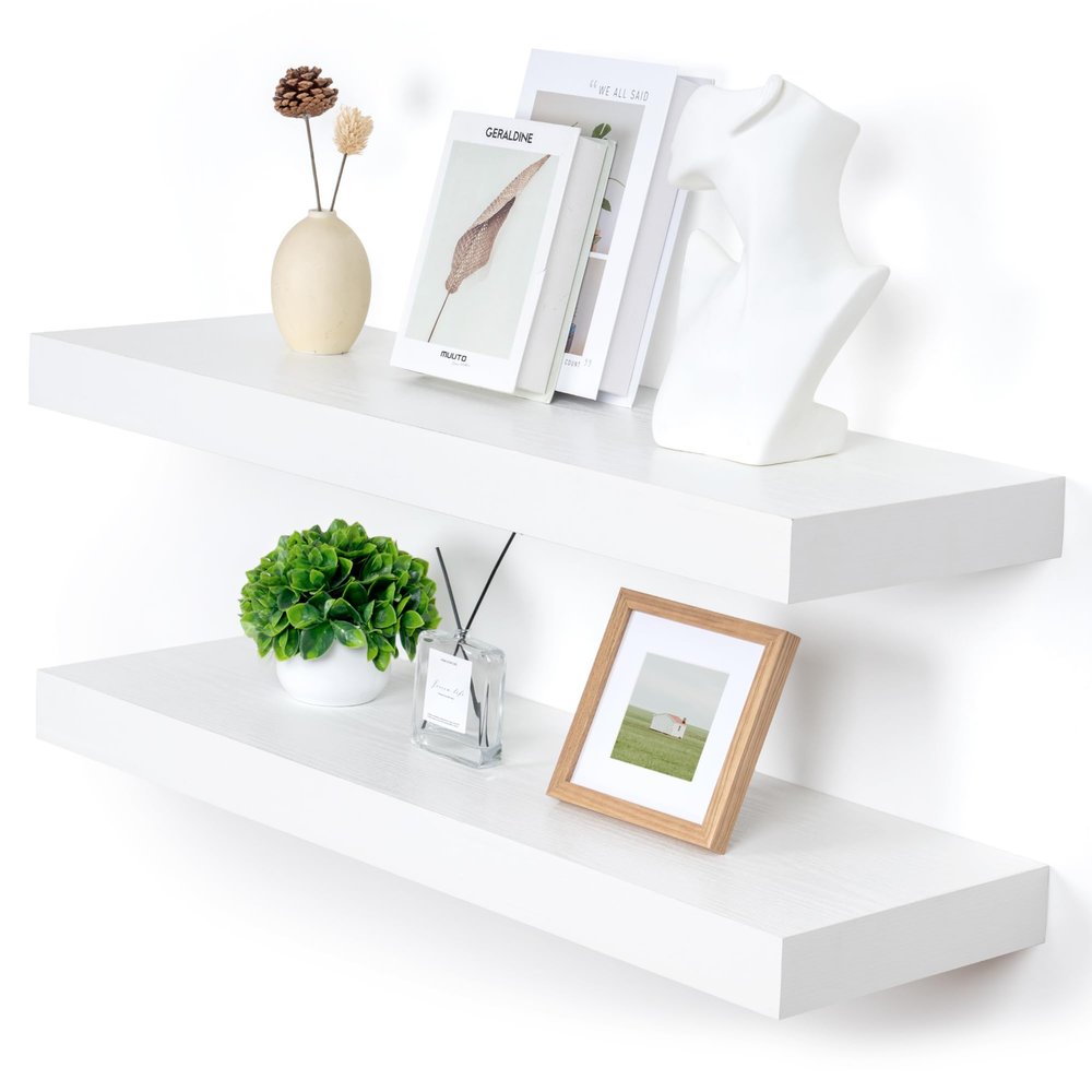 FLYJOE Deep Floating Shelves | 36 Inch White Floating Shelves Set of 2 | 12 Inch Deep Rustic Wood Shelves for Wall | 36" W x 12" D White Shelves for Living Room Bathroom Laundry Room Kitchen