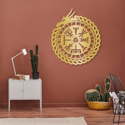 Dragon Vegvisir Metal Wall Art, Metal Viking Wall Decor, Viking Wall Art, Dragon Metal Wall Decor, Viking Symbols, Norse Wall Decor, Compass Wall Decor, Metal Wall Art for Living Room (41"x36" | 105x92 cm, Gold)