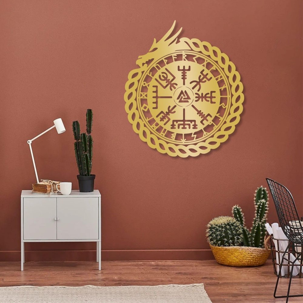 Dragon Vegvisir Metal Wall Art, Metal Viking Wall Decor, Viking Wall Art, Dragon Metal Wall Decor, Viking Symbols, Norse Wall Decor, Compass Wall Decor, Metal Wall Art for Living Room (41"x36" | 105x92 cm, Gold)