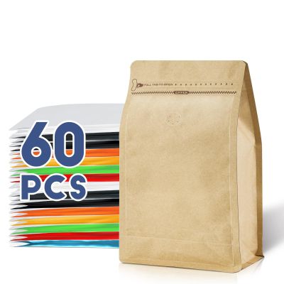 Coffee Bags with Valve(60pcs,8 oz,1/2 lb) Vented Coffee Beans Packaging Bags High Barrier Aluminumed Foil Flat Bottom Heat Sealed Side Zipper Resealable Storage Bag for Home or BusinessKraft Paper
