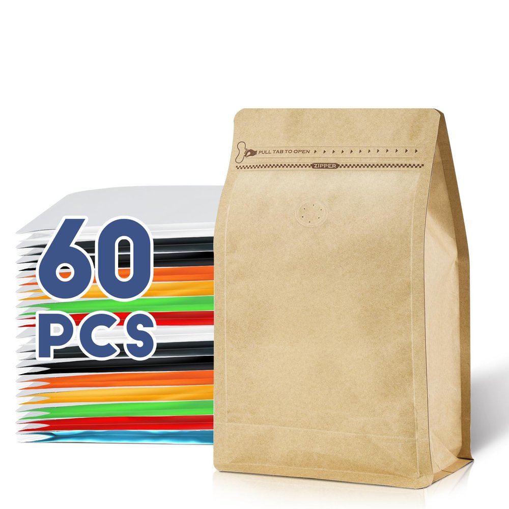Coffee Bags with Valve(60pcs,8 oz,1/2 lb) Vented Coffee Beans Packaging Bags High Barrier Aluminumed Foil Flat Bottom Heat Sealed Side Zipper Resealable Storage Bag for Home or BusinessKraft Paper