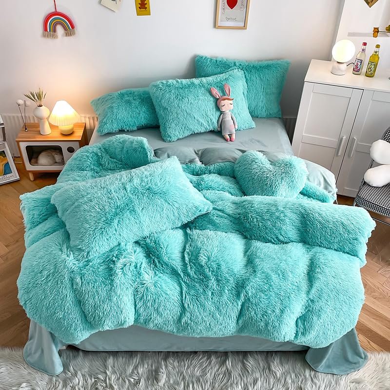 chovy Kids Girls Faux Fur Sky Blue Comforter Sets Twin/Full - 3PC Bed Set Skin Friendly Soft Warm Comfortable Classical Rabbit Plush Velvet Flannel Fluffy Fuzzy BeddingComforter x 1 Pillowcases x 2