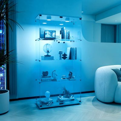 Zacis Glass Display Cabinet with Lights and Lock, 4-Tier Display Case Curio Cabinet with Glass Door, Floor Standing Showcase for Living Room Bedroom Home Office 31" W x 14.3" D x 64.5" H