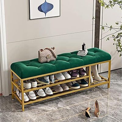 HOBIBA Entryway Bench with Boots Storage,Velvet Upholstered Shoe Bench Shoe Rack Bench,Modern Shoe Storage Bench,100X30X46Cm Organizer(Size:90x30x46cm(35x12x18inch),Color:Green)
