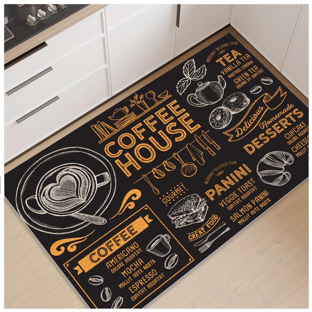 1.5x2.5 Rug, Modern Coffee House Area Rugs Washable Rug, Non Slip Waterproof Area Rug, Stain Resistant PU Leather Rugs for Living Room (Black/Orange)