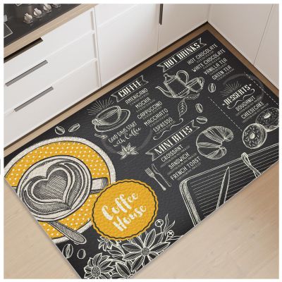 3x5 Rug for Living Room, Washable Area Rug for Bedroom, No-Pile Area Rugs Waterproof Carpet with Non Slip Backing, Coffee House Menu Area Rug, Stain Resistant, Black/Gold