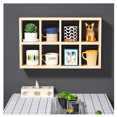 Zfmnoyev Wall Mounted Cup Storage Rack, Multi Layer Grid Storage Rack, Wooden Storage Showcase, for Home Office Kitchen Storage (Color : Natural, Size : 60.5x13x31.1cm)