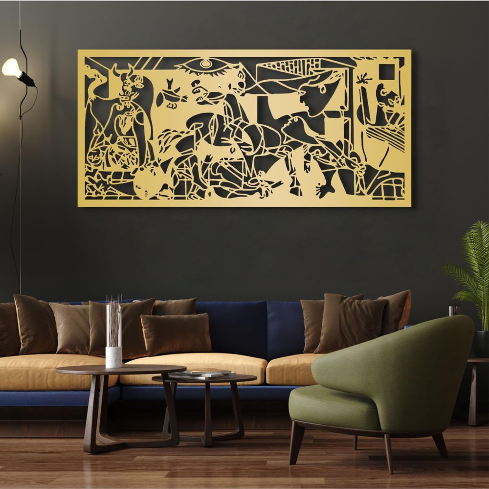 Guernica Extra Large Metal Wall Art, Picasso Metal Wall Art, Pablo Picasso Guernica Wall Decor, Abstract Metal Wall Art, Modern Wall Art, Wall Hanging for Living Room, Bedroom or Office (59"x 27"| 150x70cm, Gold)