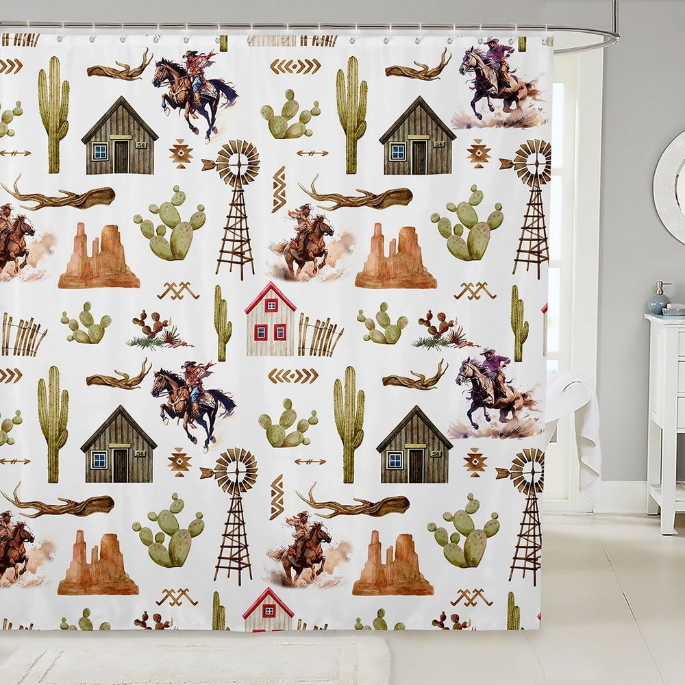 Western Cowboy Shower Curtains,Rustic Farmhouse Cabin Cowboy Bathroom Curtains for Boys Men Adults,Horse Cactus Aztec Tribal Country Retro Waterproof Curtains,12 Hooks Suits,72" W x 78" L
