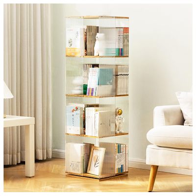 Atkits 360 Rotating Bookshelf Spinning Bookshelf Tower 360 Swivel Bamboo Bookcase Clear Acrylic Bookcase Tall Bamboo Rotating Storage Display Rack Standing Shelves,Vertical bar,4 Tier