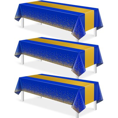 3Pcs Blue and Gold Tablecloth Party Decorations,Plastic Royal Blue Table Cloth Printed Gold Tables Runner Disposable Rectangle Table Cover for Birthday Anniversary Wedding Graduation Party,54 x108Inch