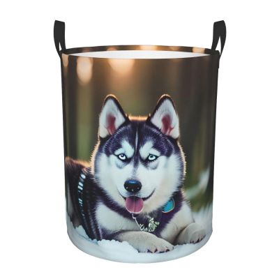 Husky Dog Round Dirty Laundry Basket,Ideal Dirty Clothes Bag For Household Essentials Storage Needs