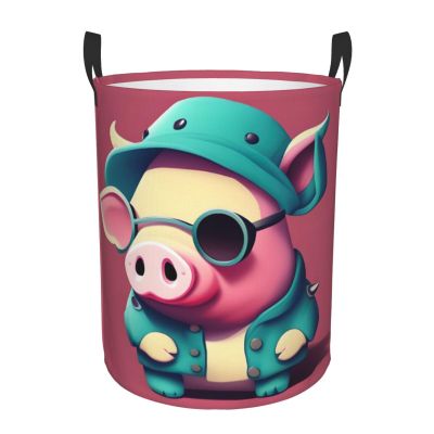 Cute Pig Round Dirty Laundry Basket,Ideal Dirty Clothes Bag For Household Essentials Storage Needs
