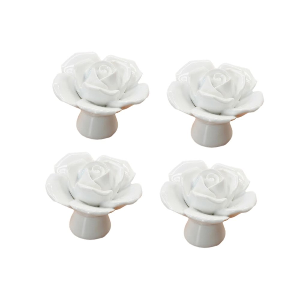 Holibanna 4 Piece White Ceramic Rose Flower Cabinet Drawer Pull Knobs
