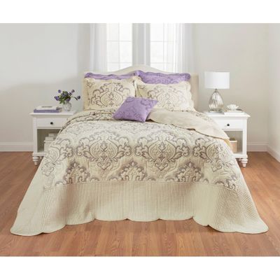 BrylaneHome Bedding Lightweight All Season Modern Amelia Quilted Damask Oversized Ultra Soft Bedspread - Twin, Ivory Lavender