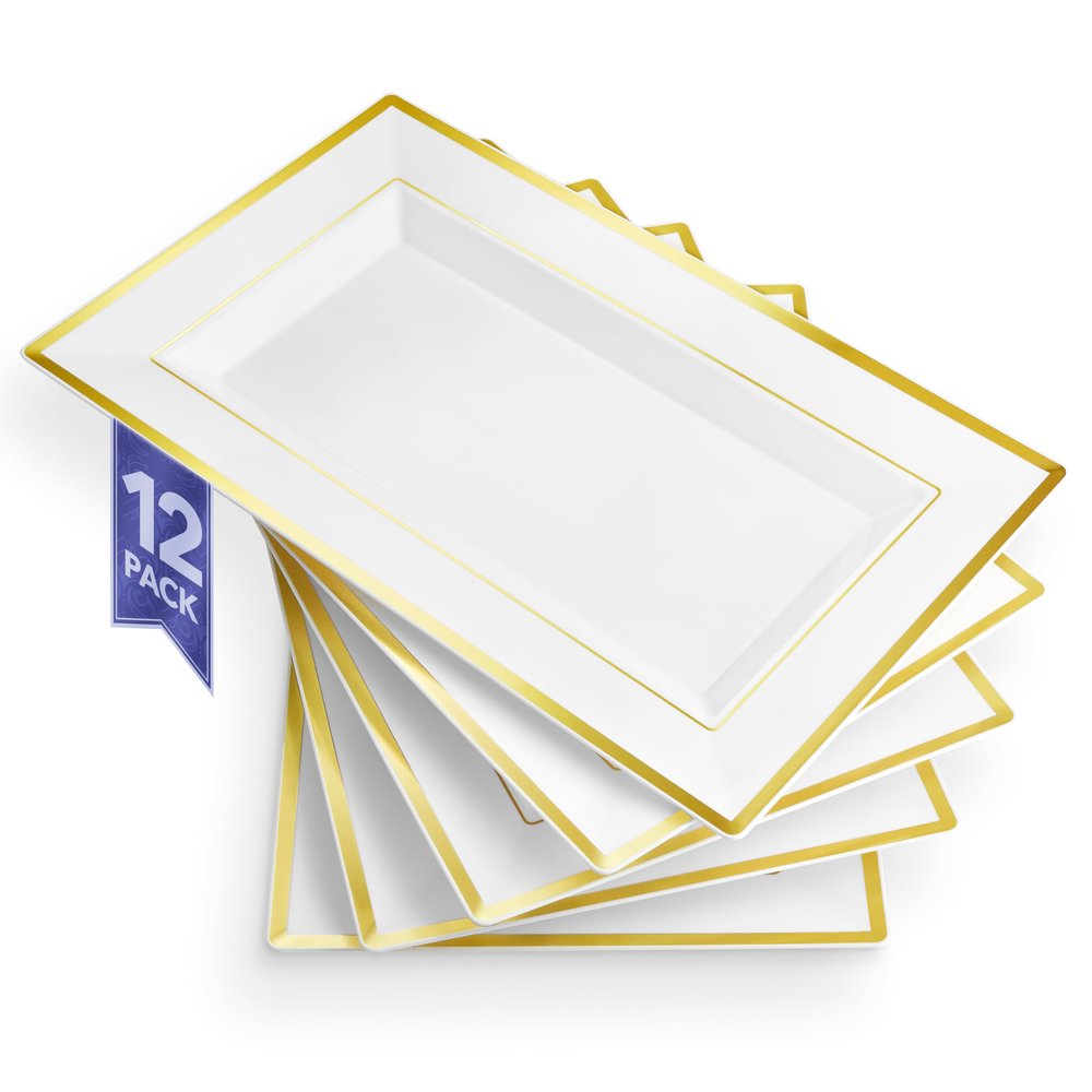 (12 Pcs) Premium White and Gold Plastic Serving Tray, Plastic Serving Platter Disposable, White Rectangle Party Trays and Platters for Fruit, Dessert, Cookies, Appetizers, Holiday Parties