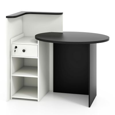 Reception Desk, Retail Counter Desk with Lockable Drawer, 3-Level Adjustable Shelf & Oval Desktop, Checkout Front Counter, L-Shaped Office Desk for Company, Lobby & Store