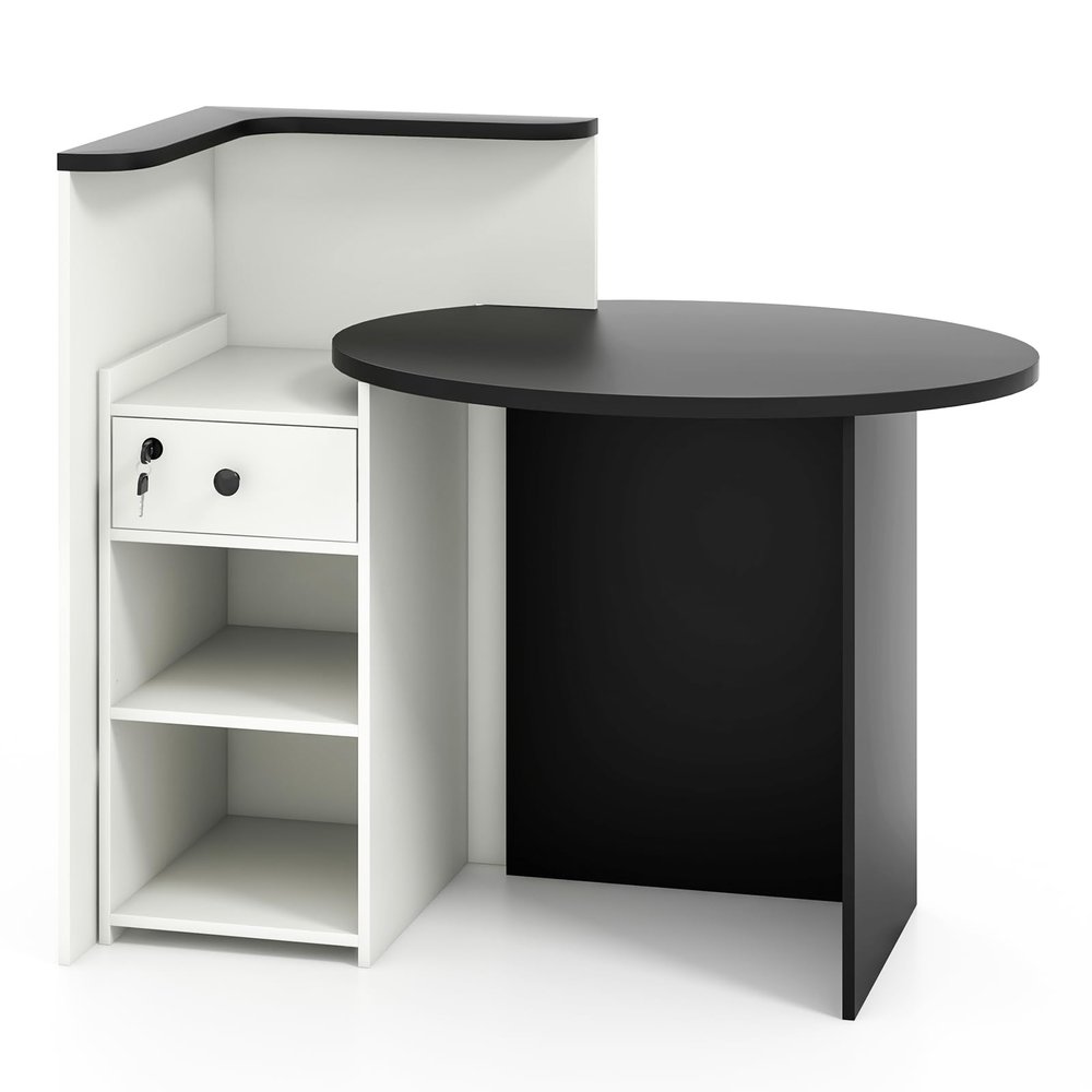 Reception Desk, Retail Counter Desk with Lockable Drawer, 3-Level Adjustable Shelf & Oval Desktop, Checkout Front Counter, L-Shaped Office Desk for Company, Lobby & Store