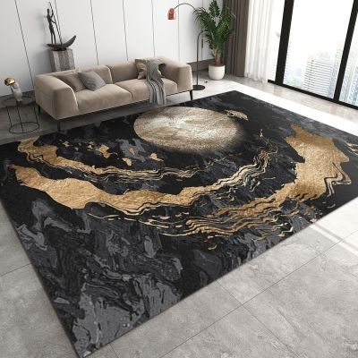 Abstract Mountain Sea Moon Landscape Area Rug, Vintage Black Gold Texture Non Slip Large Area Rugs, Easy Care Durable Carpet for Indoor Living Room Bedroom Office Decor Mat - 2 ft x 4 ft