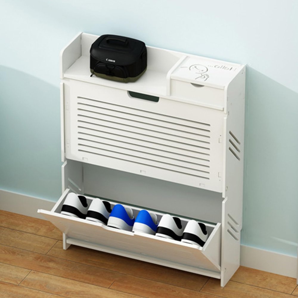 BYERZ Shoe Storage Cabinet, Ultra-Thin Tippable Hallway Shoe Cabinet, Narrow Shoe Rack for Home Use, Width17cm Space-Saving Entrance Shoe Cabinet for Small Apartments, White Striped Design