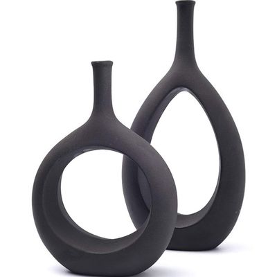 Simple Hollow Ceramic Vase ForLiving Room, Creative Desktop Ornaments Flower Device, Artificial Flower Decorations for Home (Color : Black, Size : 23cm+30cm)