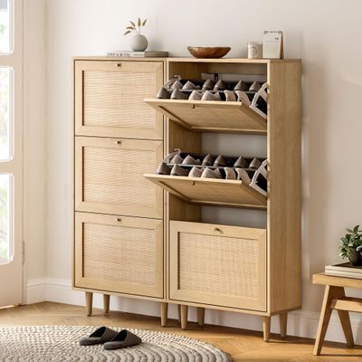 HOOLETE Narrow Shoe Cabinet with 3 Flip Drawers Set of 2 Hidden Freestanding Shoe Rack with Rattan Doors Wooden Shoe Storage Cabinet with Wood Legs for Entryway Slim Hallway Apartment, Natural Oak