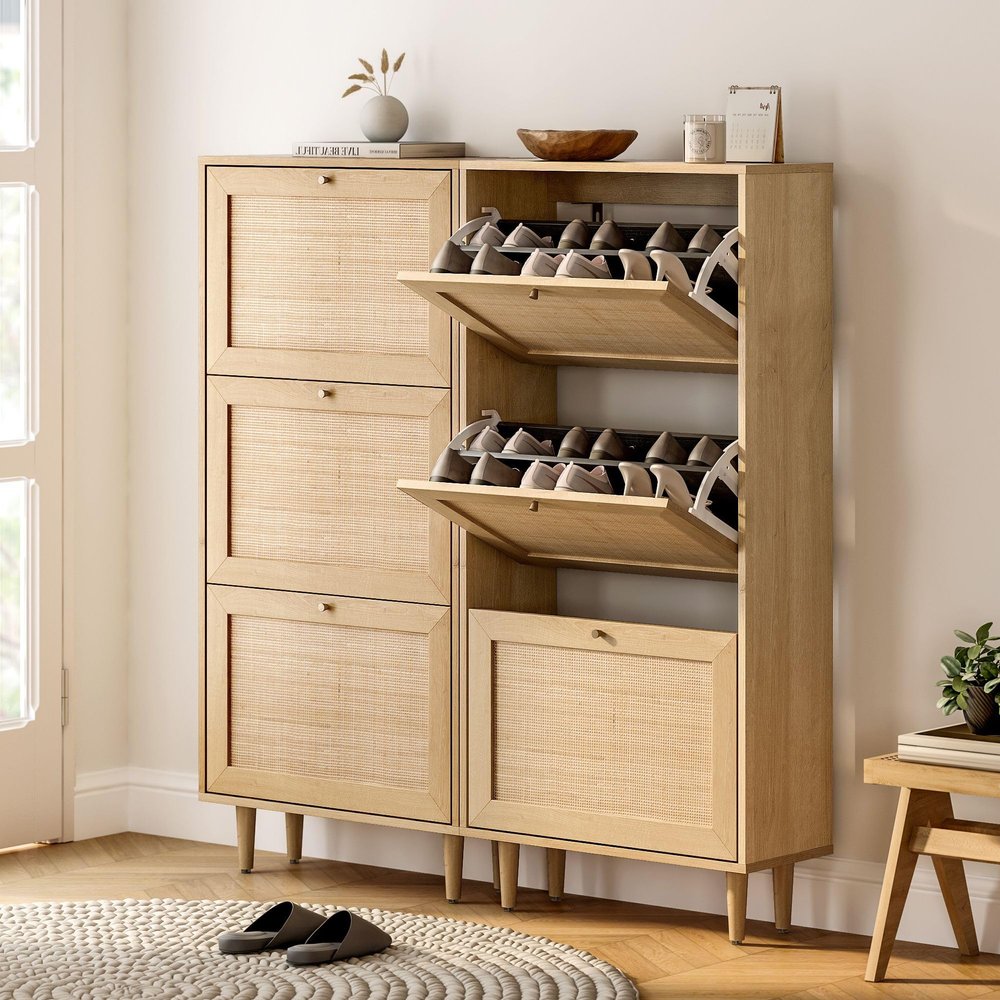 HOOLETE Narrow Shoe Cabinet with 3 Flip Drawers Set of 2 Hidden Freestanding Shoe Rack with Rattan Doors Wooden Shoe Storage Cabinet with Wood Legs for Entryway Slim Hallway Apartment, Natural Oak