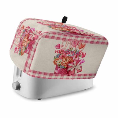 Happy Valentine's Day Toaster Cover 4 Slice, Flower Pink Buffalo Plaid Linen Texture Bread Maker Cover Toaster Dust Cover with Pockets, Dust-Proof Cover for Kitchen Small Appliance 12x11x8in