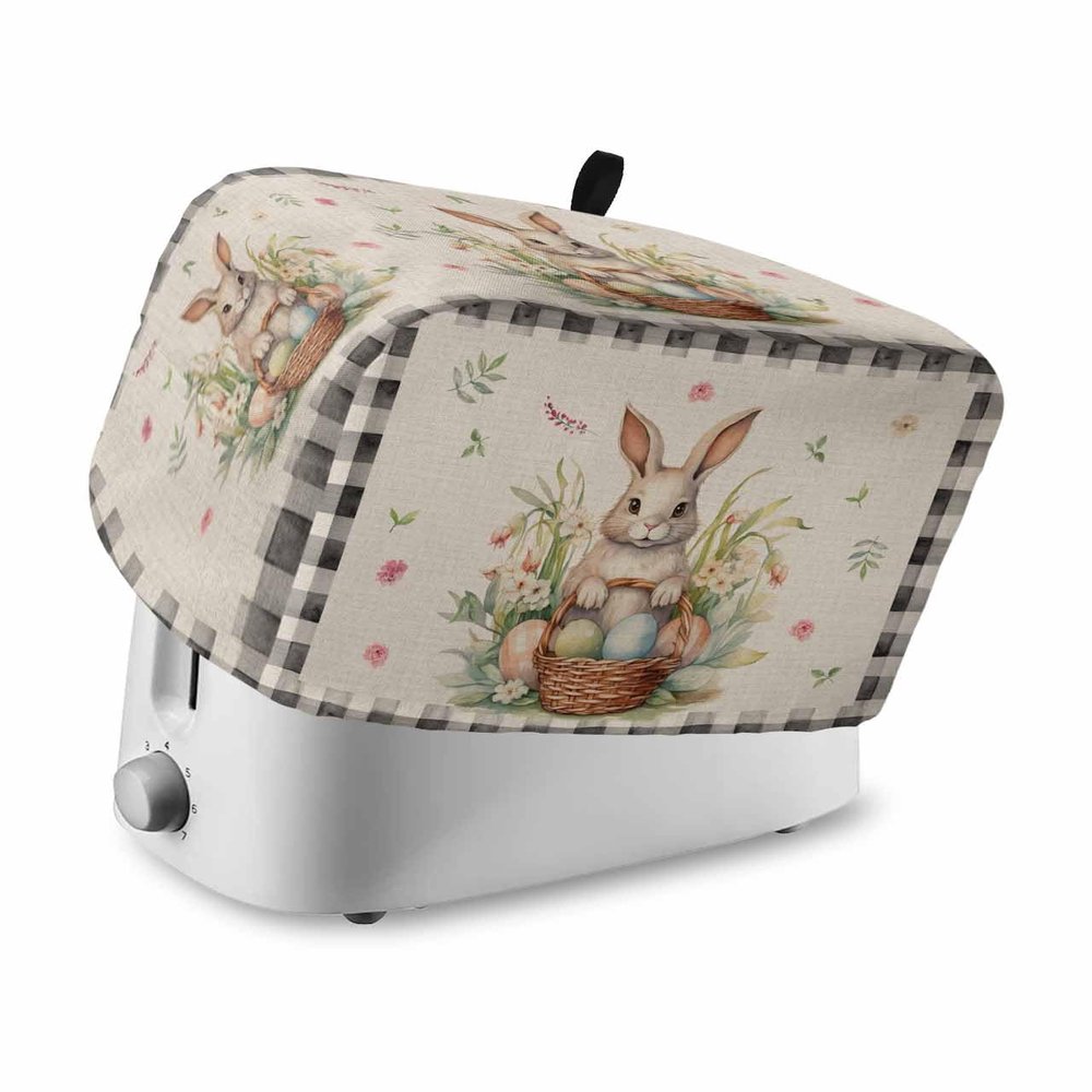 Easter Toaster Cover 4 Slice, Cute Rabbit Easter Eggs Colorful Flowers Black Buffalo Plaid Bread Maker Cover Toaster Dust Cover with Pockets, Dust-Proof Cover for Kitchen Small Appliance 12x11x8in