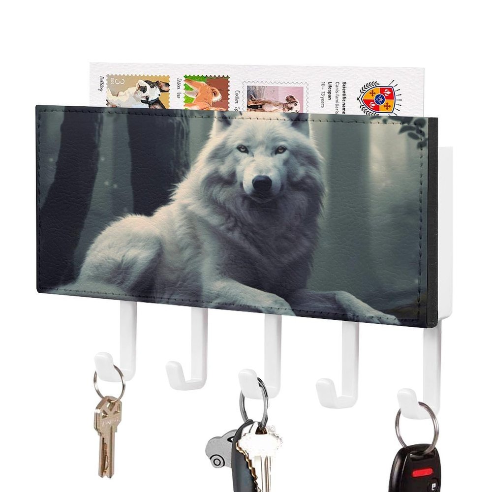 Goodaily White Wolf Wolves Entryway Key Hook Organizer Hangers with 5 Hooks Wall Mounted Key Holder
