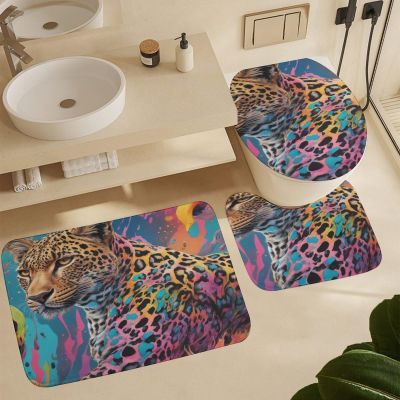 ZGDPBYF Bathroom Rugs Set Ultra Soft 3 Pieces Bath Rugs Non Slip, African Animal Leopard Bathroom Mat, Bathroom Set with Toilet Rugs, Leopard Head Color Bathroom Mats for Bathroom Tub