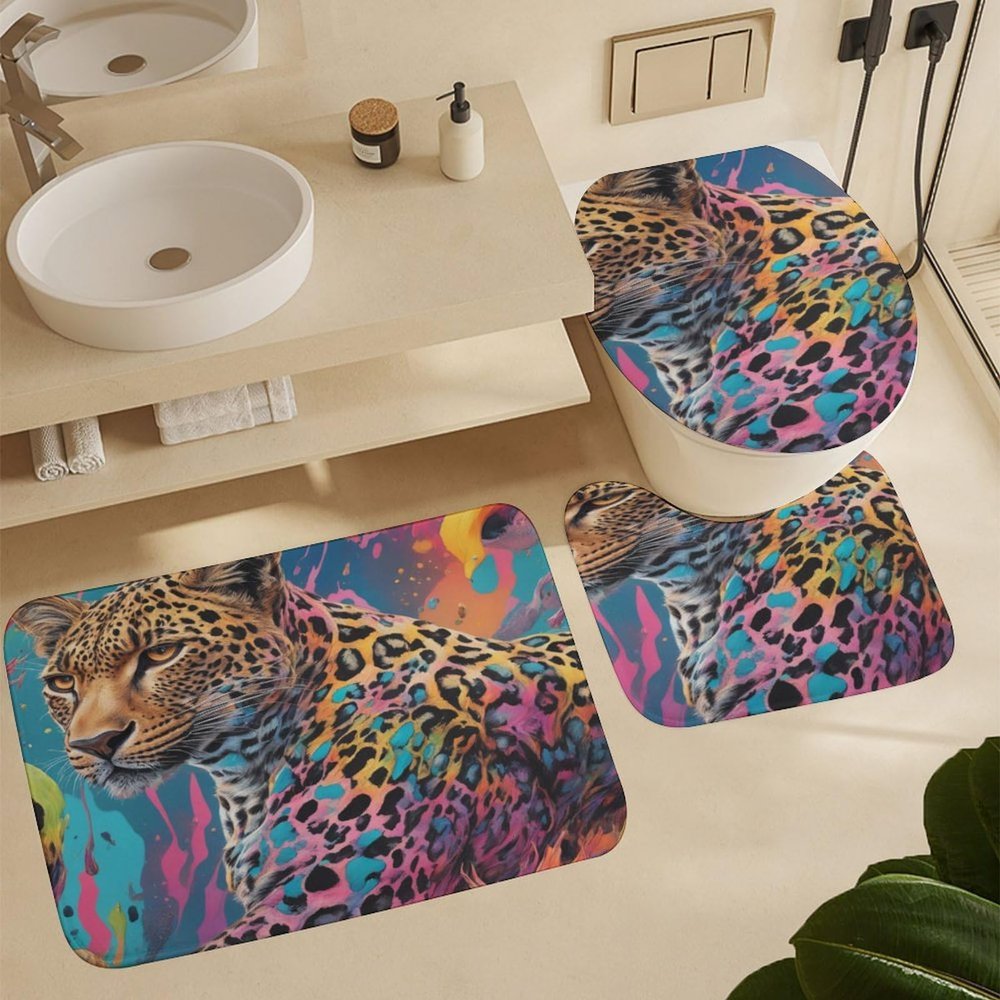ZGDPBYF Bathroom Rugs Set Ultra Soft 3 Pieces Bath Rugs Non Slip, African Animal Leopard Bathroom Mat, Bathroom Set with Toilet Rugs, Leopard Head Color Bathroom Mats for Bathroom Tub