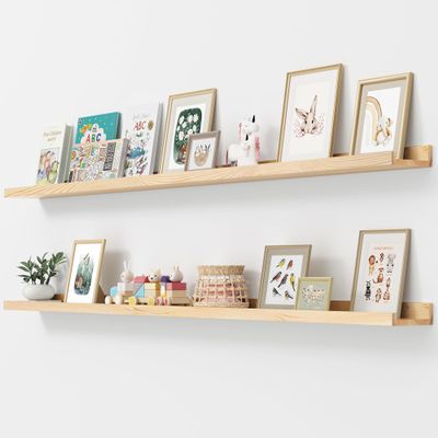 FLYJOE Picture Ledge Shelf, Floating Shelves Set of 2, Solid Pine Wood 72'' Long Large Nursery Book Shelves for Toys Storage, Kids Bookshelf for Living Room Bedroom Decor Books Photo Frames, Natural