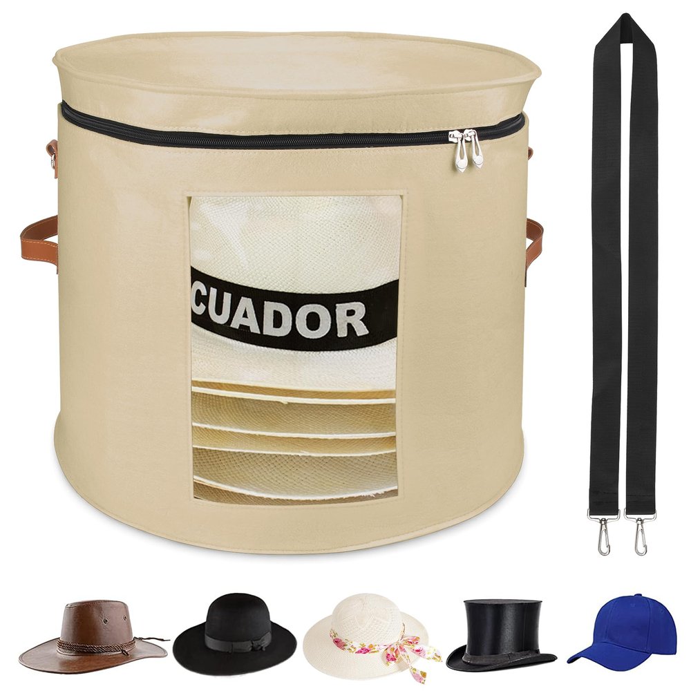 VanlonPro Large Hat Storage Box for Women & Men, 19" D x 17" H Oversized Hat Box OrganizerFoldable Round Travel Hat Boxes with Dustproof Lid, Stuffed Toy Storage Bin Bag (Milk Coffee)