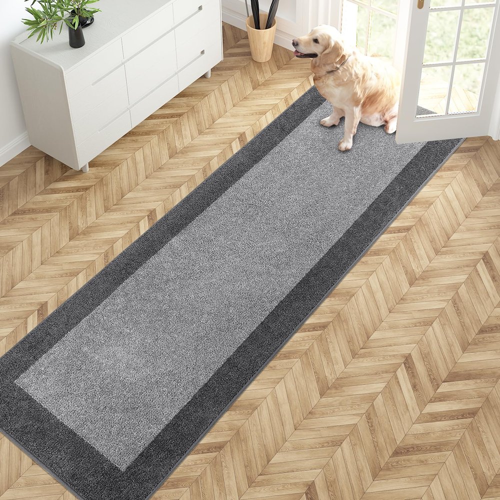 PURRUGS Dirt Trapping Door Mat 24" x 84", Non-Slip Washable Entry Mat, Dog Doormat, Front Door Mat, Super Absorbent Entrance Mat for Muddy Shoes & Paws, Light Grey & Grey