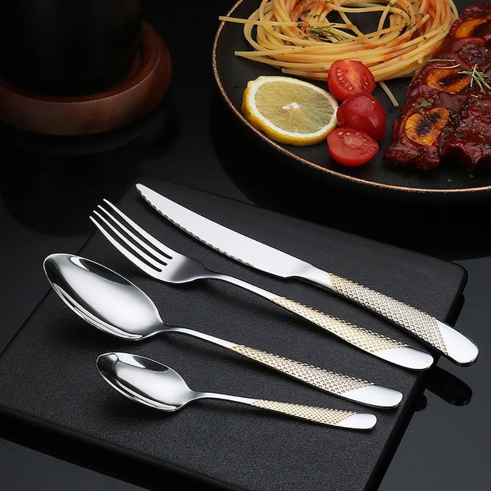 Gold Silverware Set for 12 Luxury Fine Biarritz Collection Flatware Set 48 Pieces Elegant Tableware Set 18/10 Stainless Steel Cutlery Set Utensil Sets for Home Restaurant Dishwasher Saf