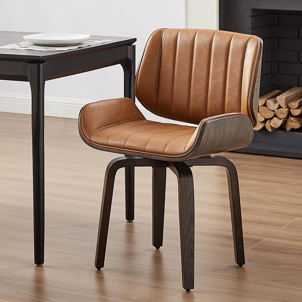 Art Leon Desk Chair No Wheels, Mid Century Modern Swivel Accent Chair with Solid Wood Legs, Faux Leather Upholstered Office Chair, Grey Oak Bentwood, Orange Brown