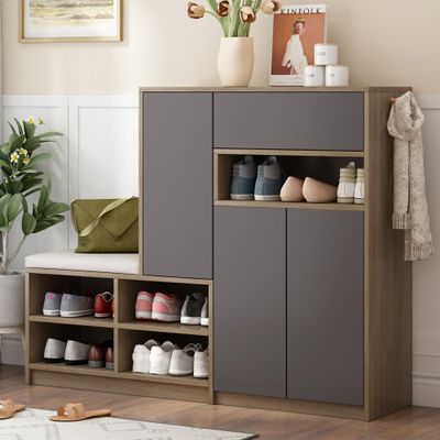 NCKMYB Entryway Cabinet with Storage, Large Shoe Cabinet with 3 Doors and Padded Seat, for Entrance Hallway, Dark Grey