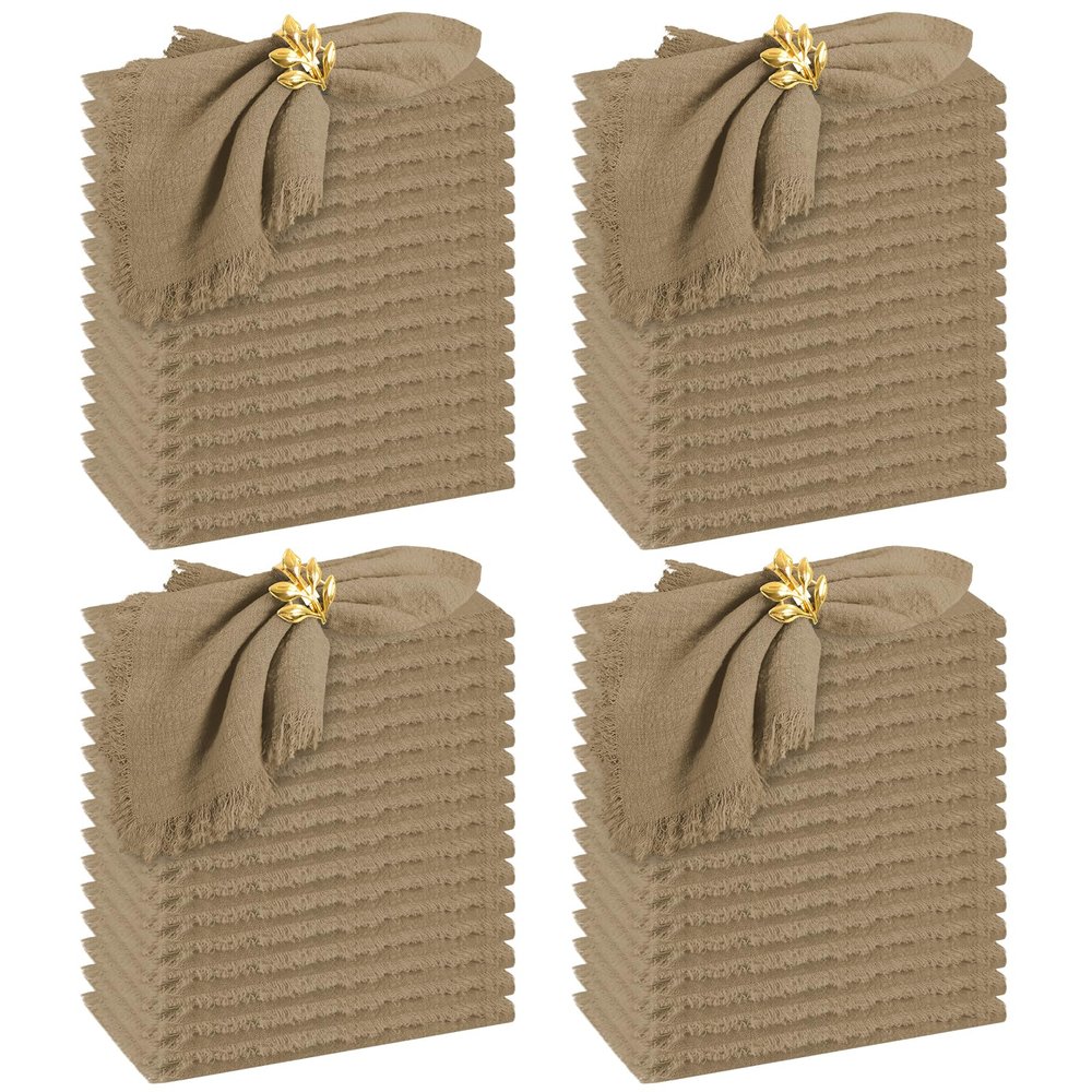 60 Pack Handmade Cloth Napkins with Fringe,Caramel Cotton Linen Napkins,Natural Soft Rustic Cotton Dinner Napkins for Wedding Party Event Table Decoration(16 * 16 Inch)