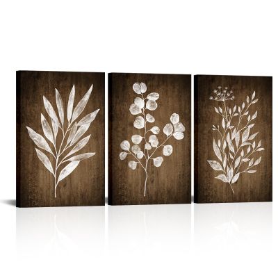 Conipit Rustic Botanical Wall Art Canvas Brown Botanical Painting Minimalist Vintage Leaf Plant Artwork Prints Framed For Living Room Bedroom Wall Decor 16''X24''X3pcs
