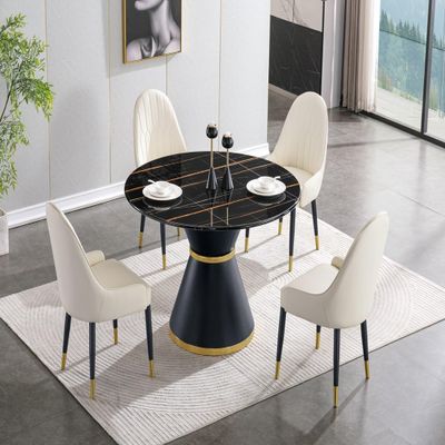 47" Black Faux Marble Dining Table, Luxurious Round Dining Table with Faux Marble Top and MDF Pedestal Base, Circle Dining Room Table, Modern Office Computer Dinner Table for Living Room(No Chairs)