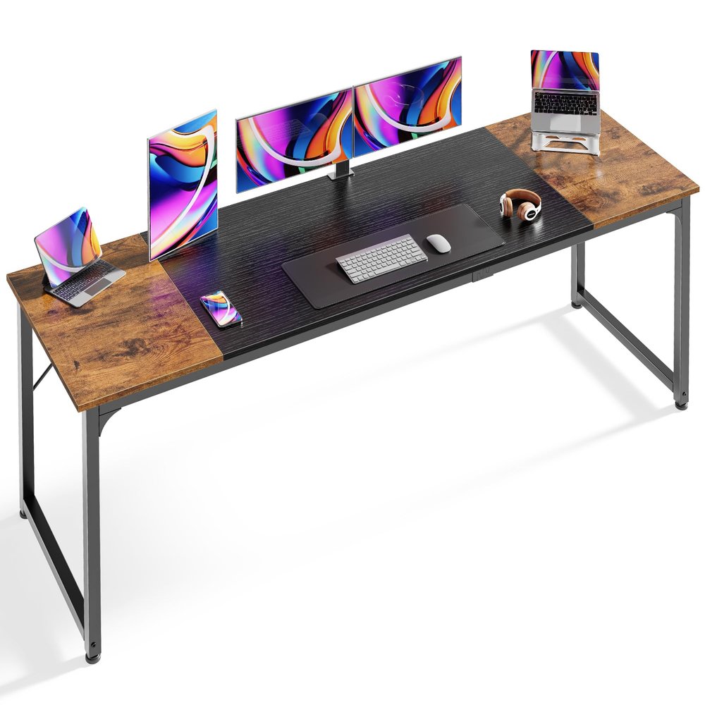 Huuger 78.7 Inch Office Computer Desk with Storage, Writing Work Desk for Home Office, Study, Gaming, Long Simple Desk, Large Legroom, Metal Frame, Rustic Brown and Black