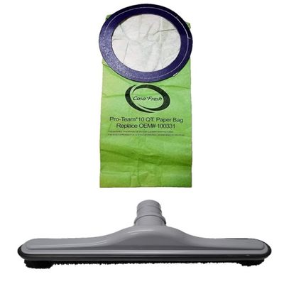Bare Floor Tool + 10 PK of Replacement Bags for ProTeam 100331. Compatible with 10 QT BackPack Vacuums - Coachvac, Super Coachvac, Megavac (10 QT Round Bags 100331 + 1 Hard Surface Brush 100623)