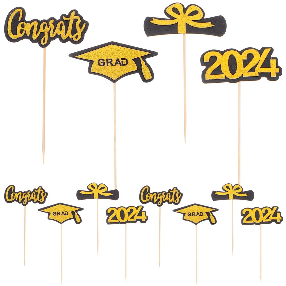 Zerodeko 12pcs Graduation Cupcake Toppers Elegant Caps and Diplomas Cake Picks for Graduation Parties and Celebrations