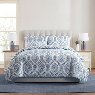 VCNY Home - King Quilt Set, Pinsonic Bedding with Matching Pillow Shams, Dorm Room Essentials, Super Soft Home Decor (Sea Damask Blue, 3-Piece)