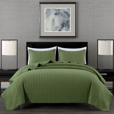 Chezmoi Collection Madrid 3-Piece Loden Green Cotton Quilt Set King Size - Herringbone Quilted Lightweight Vintage Washed 100% Cotton Reversible Bedspread Set for All Season